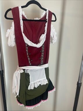 Women’s Burgundy & Green Oktoberfest Dirndl Costume with White Apron